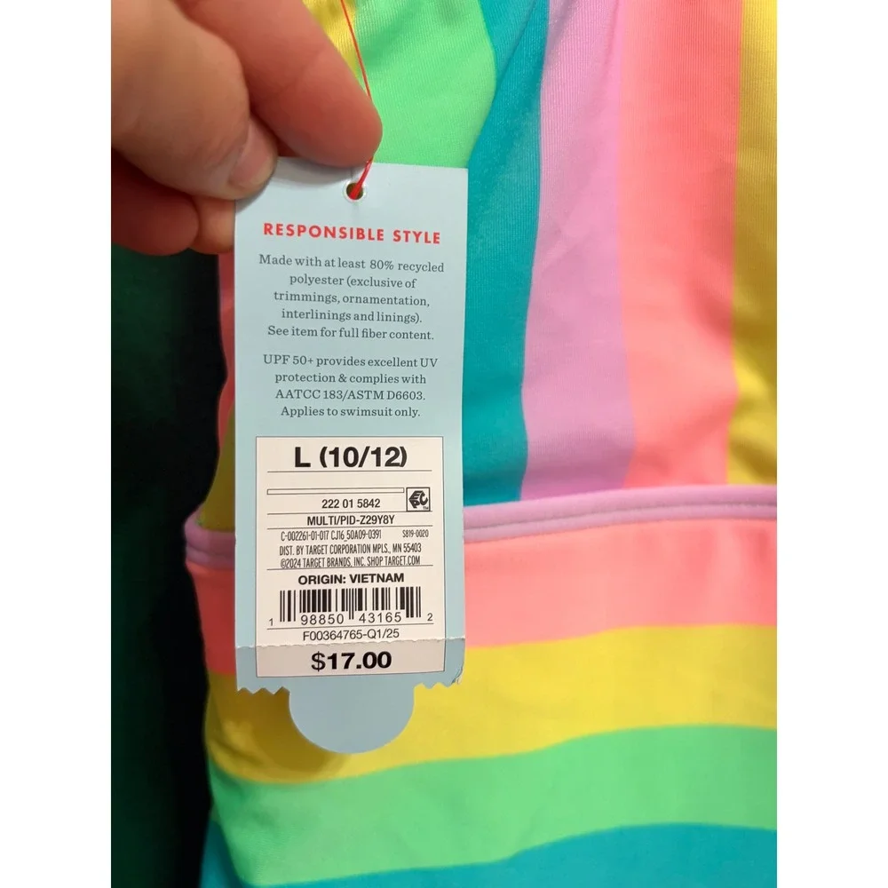 Cat & Jack Rainbow Stripe Racerback 1pc Swim Bathing Suit Large 10/12 NEW NWT